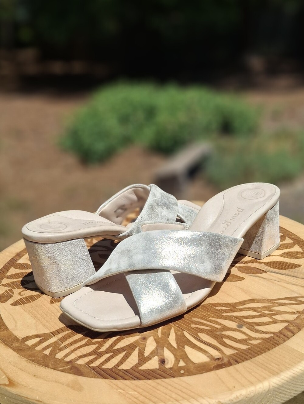 Paul Green Lauren Slide Square Toe Block Heel Sandal In Mineral Metallic - Picture 1 of 11